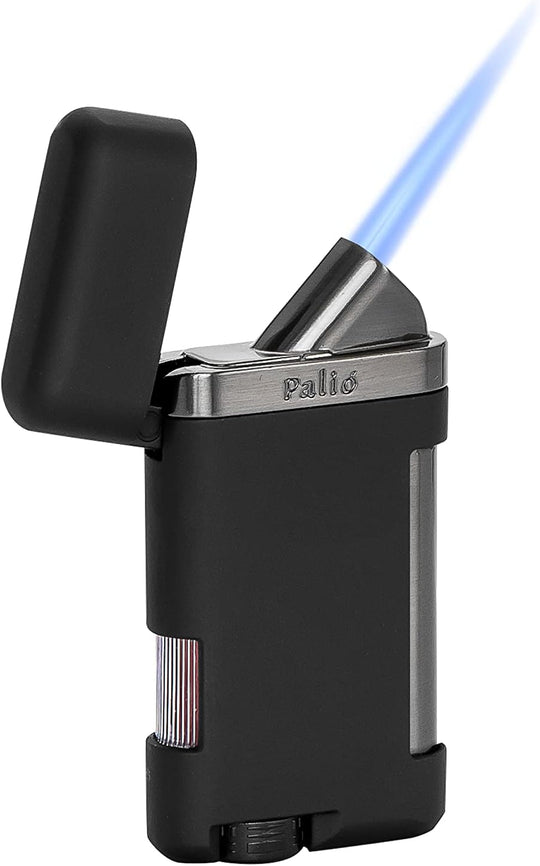 Palió Lazio angled single-jet lighter open and lit, black