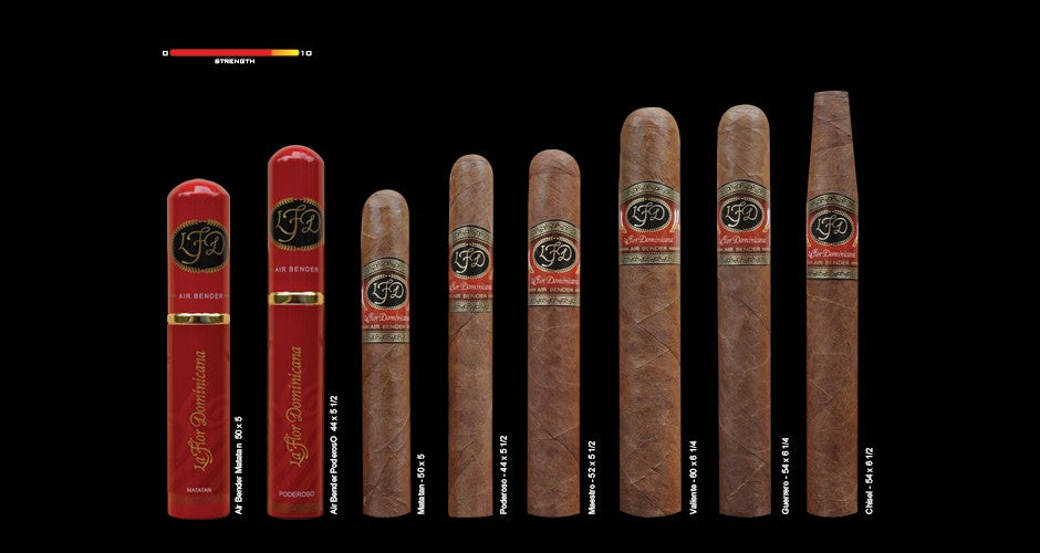 La Flor Dominicana Air Bender sizes side by side, including the Valiente 60 x 6 1/4