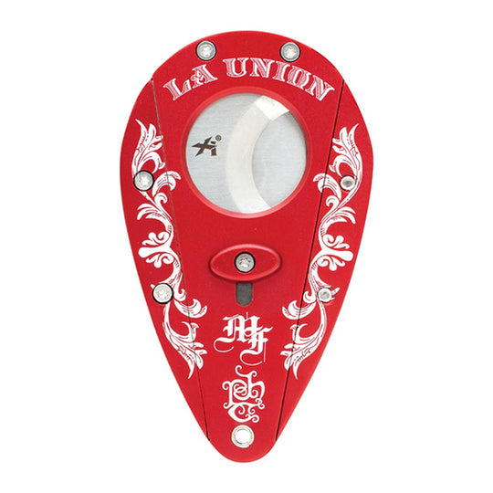 My Father & Tatuaje La Union XIKAR Perfect Xi1 cigar cutter in red, front with La Union lettering and white scrollwork