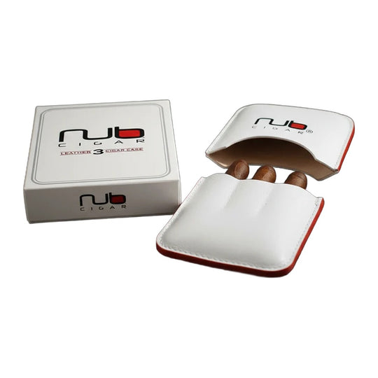 Nub 3-Cigar Leather Case in white leather with red edging, open with three cigars, beside its Nub gift box