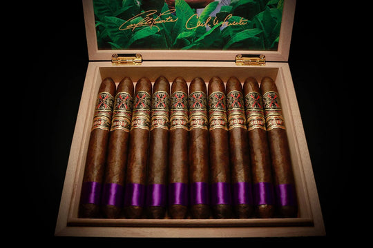 Arturo Fuente Opus X Carlito's X Rare Purple Diadema 54, open box of cigars, purple foot bands