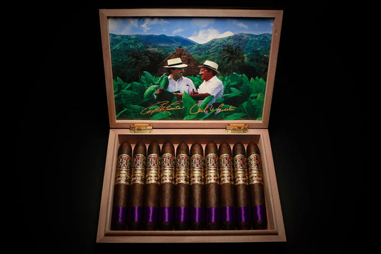 Arturo Fuente Opus X Carlito's X Rare Purple Diadema 56, open box of cigars, purple foot bands