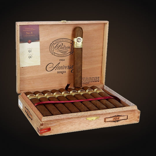 Padrón 1964 Anniversary Series No. 4, open box with a cigar on the lid — Sun of a Gun Cigars & Spirits, Yuma Arizona