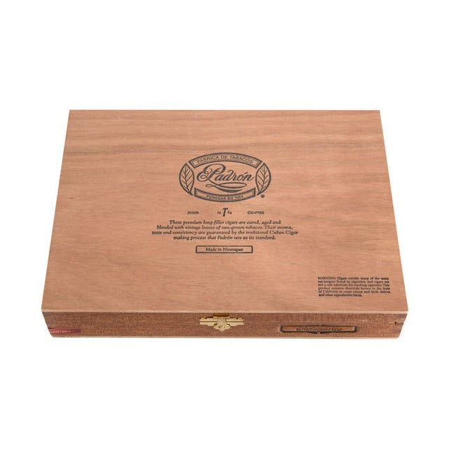 Padrón 1964 Anniversary Series Diplomatico box of 25, closed, lid marked Made in Nicaragua — Sun of a Gun Cigars, Yuma Arizona