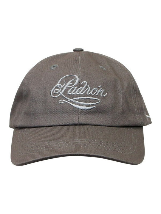 Padrón cap in grey, front view with embroidered Padrón script logo