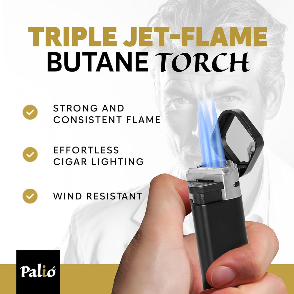 Palió Treo triple-jet torch lighter lit, showing the three-jet flame — Sun of a Gun Cigars & Spirits, Yuma Arizona