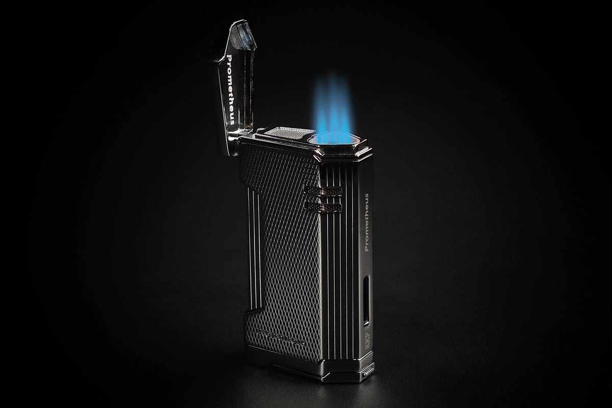 Prometheus Magma X5 gun metal barley lighter, lid open with triple torch flame lit