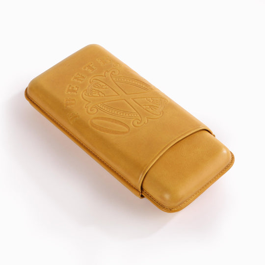 OpusX Society Spanish nobuk leather 3-cigar case in Camel Yellow, embossed Fuente OpusX emblem
