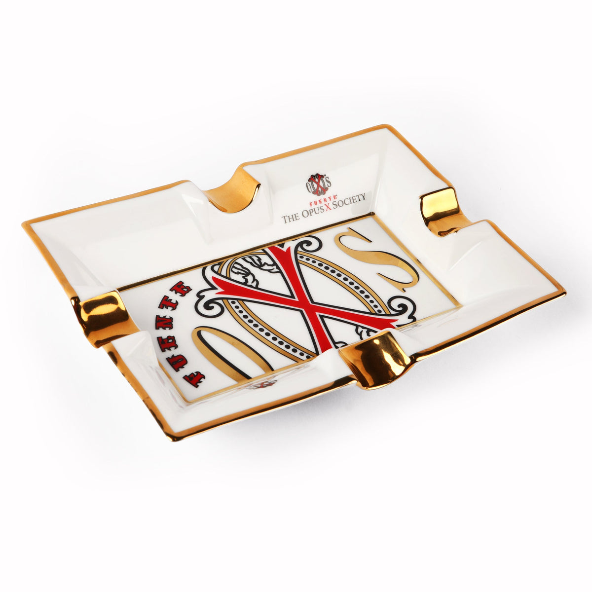 OpusX Society El Blanco white porcelain ashtray with red X and gold OXS emblem, gold rim and cigar rests